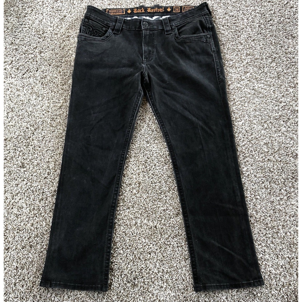 Rock Revival Arther Alt Straight Jeans Mens 38 (38x30) Black Thick Belt Loops